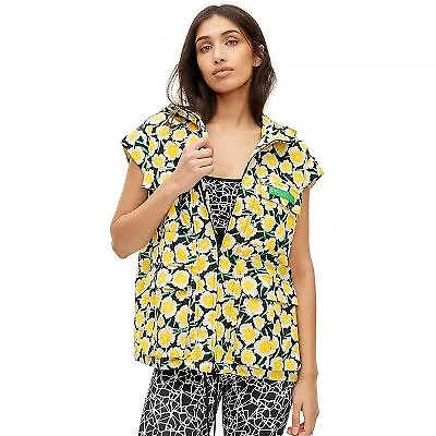 Women's Nylon Packable Yellow Poppy Short Sleeve Hooded Vest - DVF XL