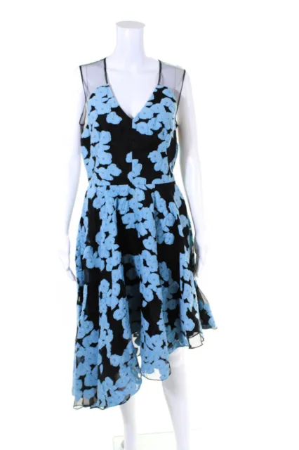 Lela Rose Womens Floral Sheer Paneled A Line V Neck Dress Blue Black Size 10