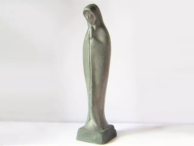 Vierge Marie, belle statue religieuse, stylisée plâtre couleur vert bronze 25 cm