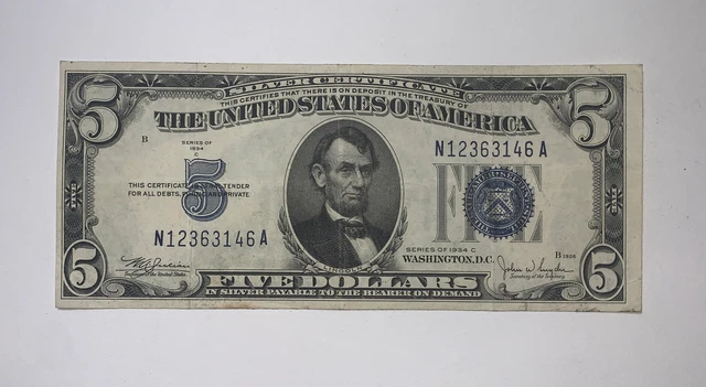 1934-C $5 Silver Certificate Blue Seal-Better Cereal ￼#