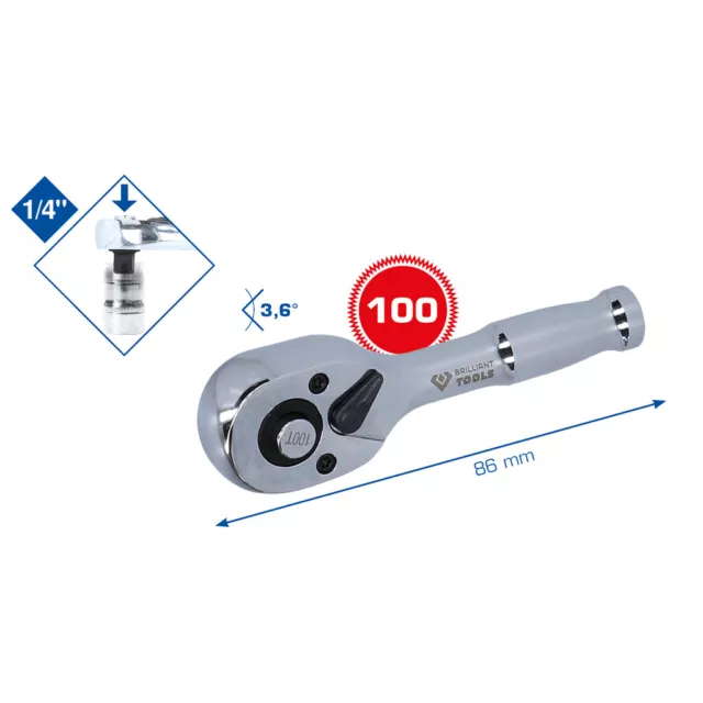 KSTools Brilliant 1/4" Mini-Umschaltknarre mit Metallgriff, 100 Zahn