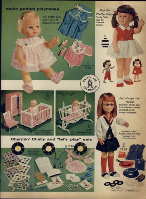 1964 PAPER AD COLOR Tiny Chatty Baby Doll Charmin' Cathy Mattel Kewpie Mama