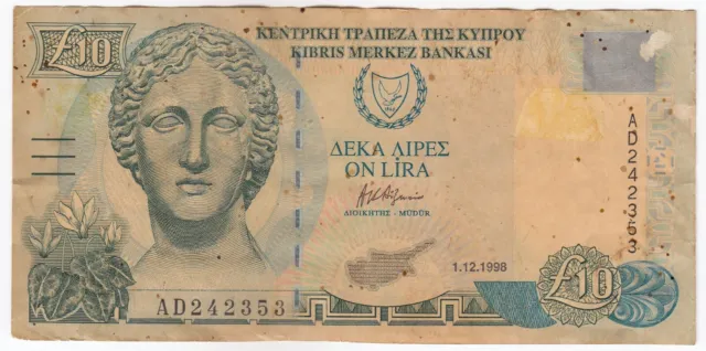 Cyprus, 10 Pound, 1998, Central Bank of Cyprus, P62b, VF+