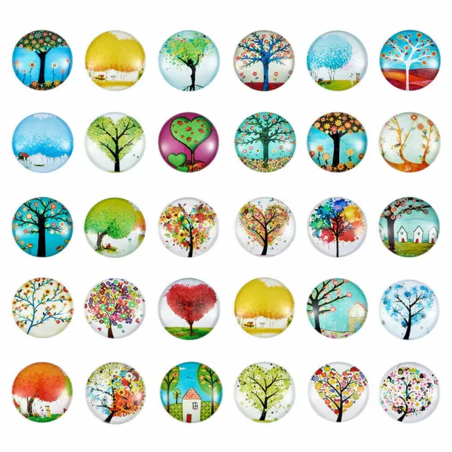 10x Printed Tree Half Round/Dome Glass Cabochons Mixed Color 25x7mm
