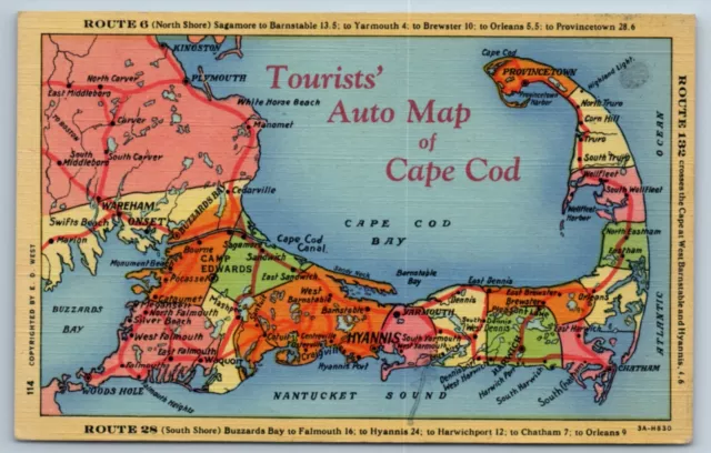 Tourist Auto Map Cape Cod Massachusetts Linen Postcard J1K Barnstable Wellfleet