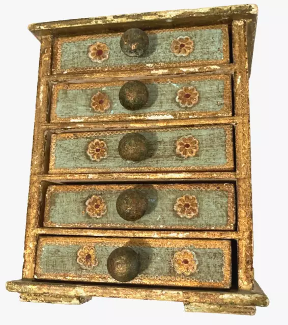 Italy Florentine Wood Jewelry Trinket Box Shabby Green Gold Gilt 5.75x3.25x4.25