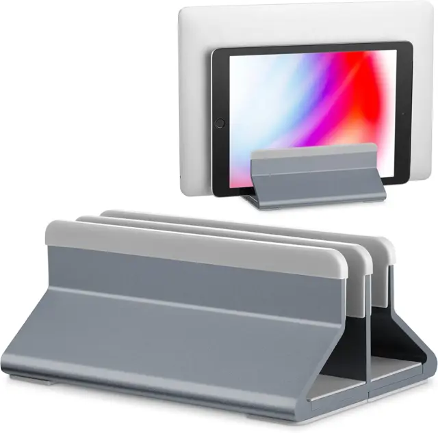 Vertical Laptop Stand (Aluminium Gray), Adjustable Dual Holder Desktop W/Lock Ri