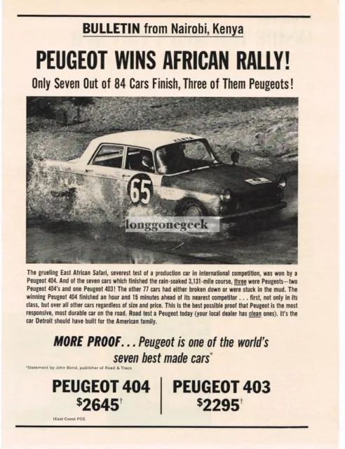 1963 Peugeot 404 wins East African Safari Vintage Print Ad