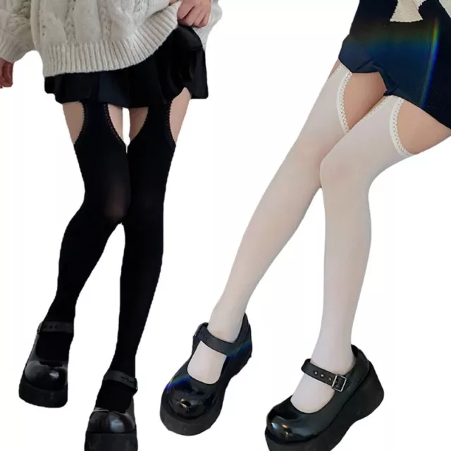 Womens Side Cutout Holes Suspender Pantyhose Fake Garter Stockings