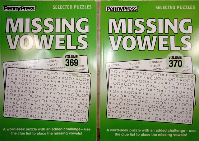 Lot of 2 MISSING VOWELS Word Search Seek Find Penny Press Puzzles Dell 369 & 370