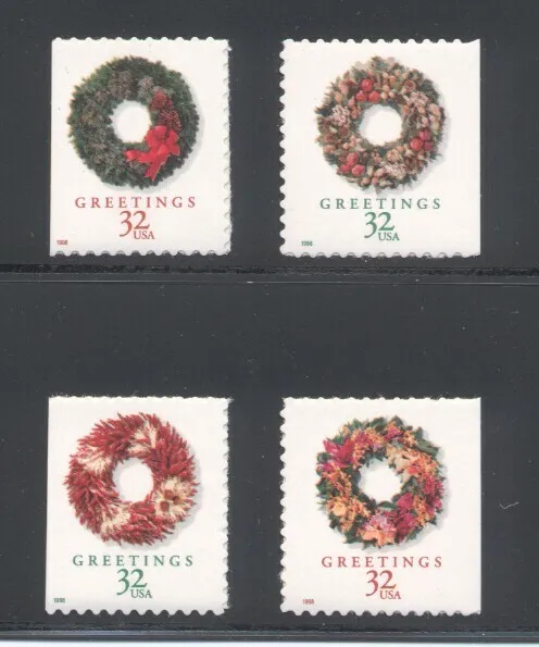 3245-3248 CHRISTMAS WREATHS 32c FROM VENDING BOOKLET SET OF 4 SINGLES MINT XF-NH