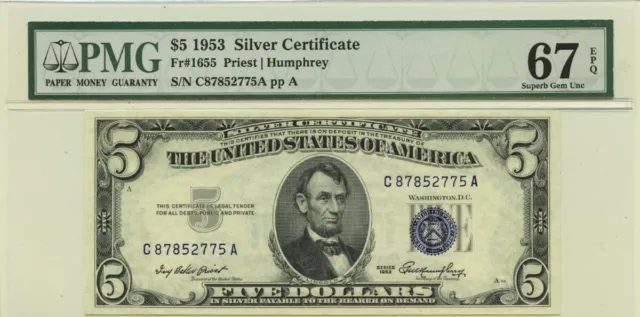1953 $5 Silver Certificate Fr# 1655 PMG Superb Gem67 EPQ