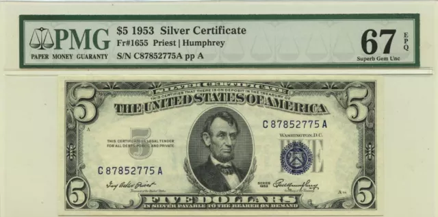 1953 $5 Silver Certificate Fr# 1655 PMG Superb Gem67 EPQ
