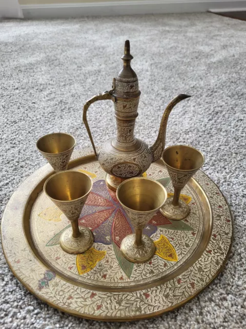 TURKISH PITCHER & 6 SMALL CUPS MARMARIS COBALT BLUE FLORAL PEACOCK GOLD  TEA SET