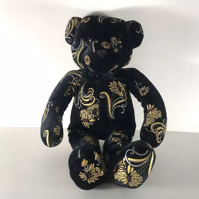 Sugar Loaf Black Velour Gold Floral Embroidered Teddy Bear Plush Stuffed Animal