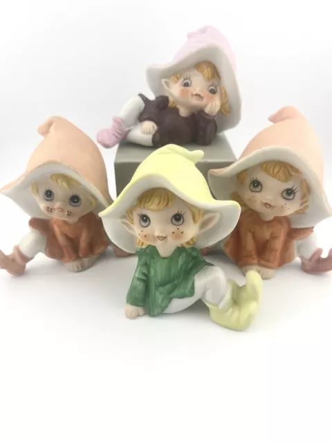 VTG Set Of 4 Homco Pixie Elf Fairies Porcelain Figurines - One has repair