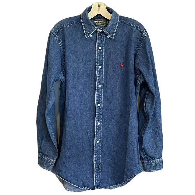 Polo Country Ralph Lauren Denim Shirt Mens Medium Blue Button Up Vintage 90s