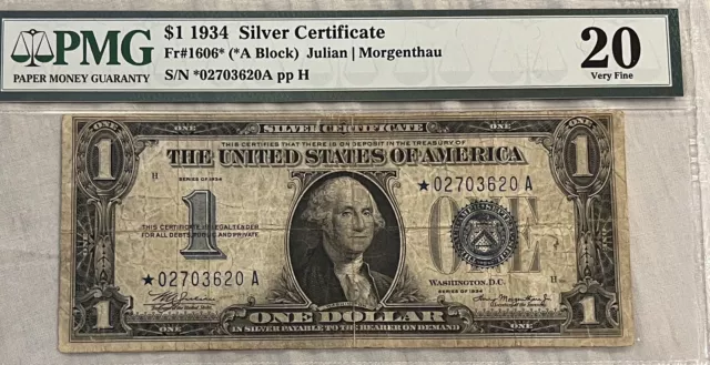 1934 $1 Dollar Silver Certificate Star Note Funnyback Fr1606* PMG VF20