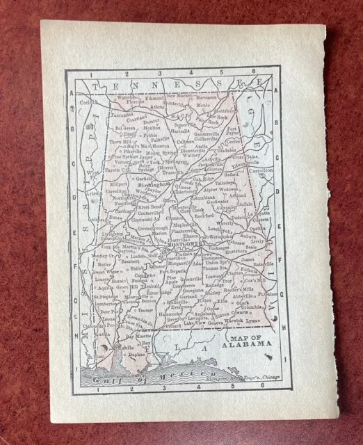 1895 Map of Alabama AL Antique vintage small 3.5” x 5.5” Home decor rare mini