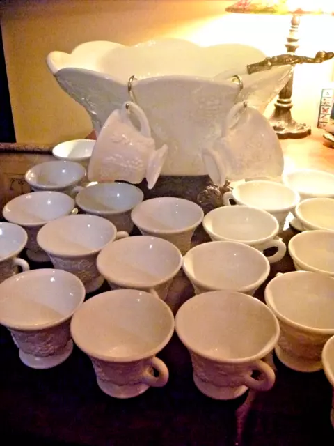 Vtg.Pitman & Dreitzer Lancaster Colony Milk Glass Punch Bowl w/24Cups