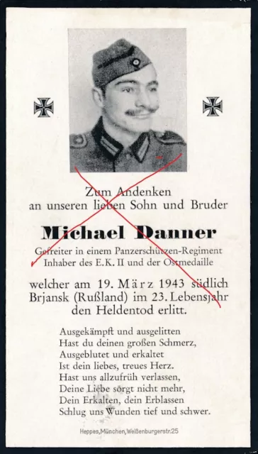 Nr 41636 Sterbebild Deutscher Panzer Soldat Orden 1943 Brjansk Russland