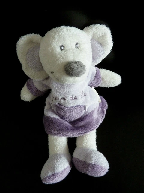 Q12. DOUDOU PELUCHE GRAIN DE BLE SOURIS BLANC ROBE MAUVE VIOLET POCHE 24cm TTBE