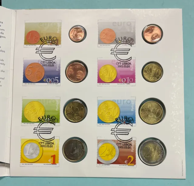 Portugal-Post Euro KMS 2002, 8 Münzen 3,88 EUR im Folder mit Briefmarken (R7-1