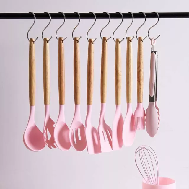 Utensili Cucina Silicone Set 12 pz Mestoli Manico Legno Appendibili Antiaderenti