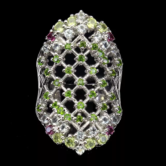 Non Chauffé Rond Chromé Diopside Grenade Rhodolite Gemmes 925 Bague en Argent 8