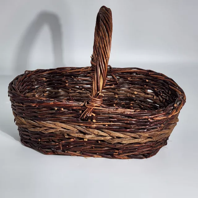 VTG Large Woven Rattan Twig Stick Gathering Basket with Handle Two Toned Brown