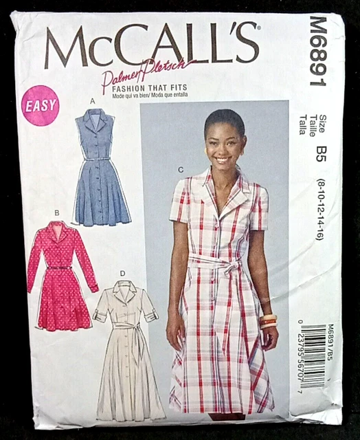 McCalls 6891 Button Front Shirt Dress Sleeve Variation Sizes 8 10 12 14 16 Uncut