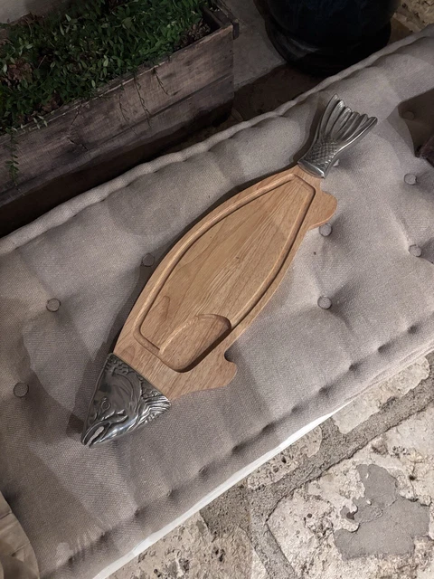 Grand Plateau Décoratif En Bois Et Métal – Forme Poisson Ovale – Fabrication Italienne