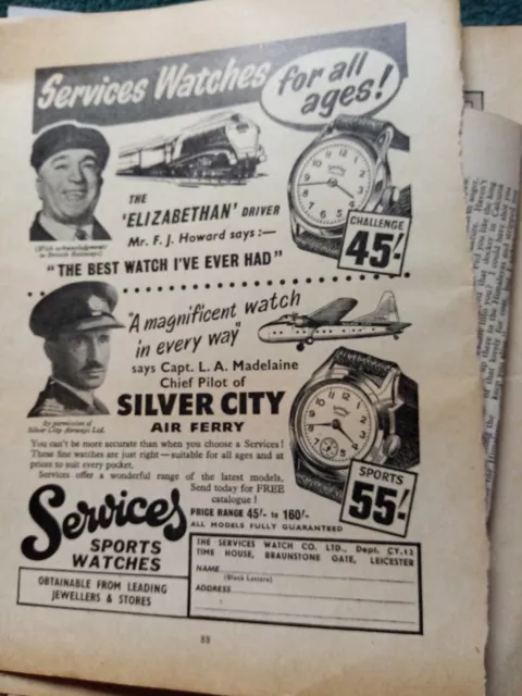 El59  Epheme 1950s advert services sports watches silver City Airways madelaine