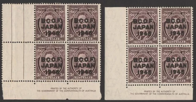 AUSTRALIA BCOF Japan Occupation 1946 KGVI 3d imprint blocks. MNH **. cat $120.