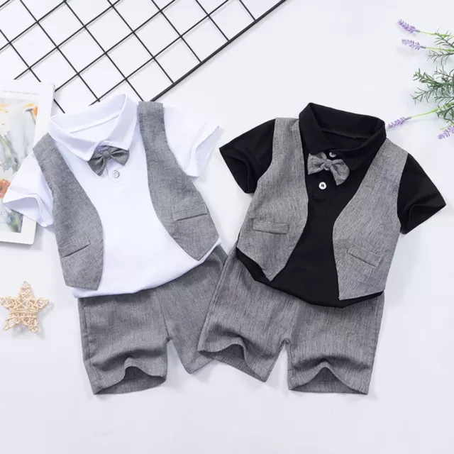 Baby Boys Gentleman Set Outfit Fake Two Pieces Tops with Bow Shorts Suit Casual