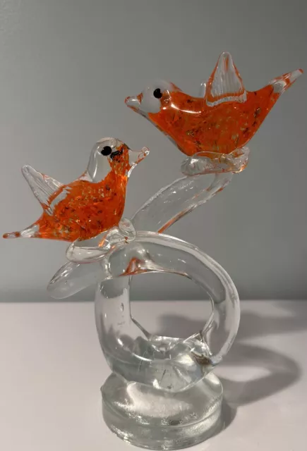 Rare Murano Vintage Art Glass Orange Birds on Branch With Gold Leaf Specks
