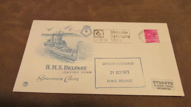 Stuarts 1971 GB Cover - Royal Navy - HMS Belfast leaving Guam