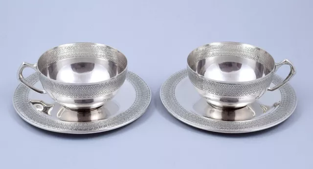 Antique Pair Of Solid Silver Coffee / Tea Cups And Saucers