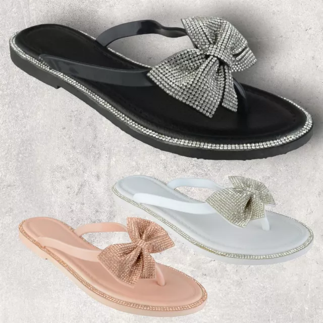 Womens Ladies Flat Jelly Diamante Bow Flip Flops Toe Post Sliders Sandals Size