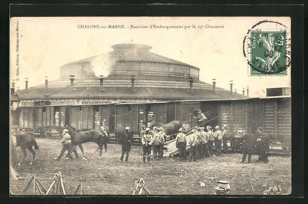 CPA Chalons-sur-Marne, Exercices d´Embarquement par le 15. Chasseurs 1908