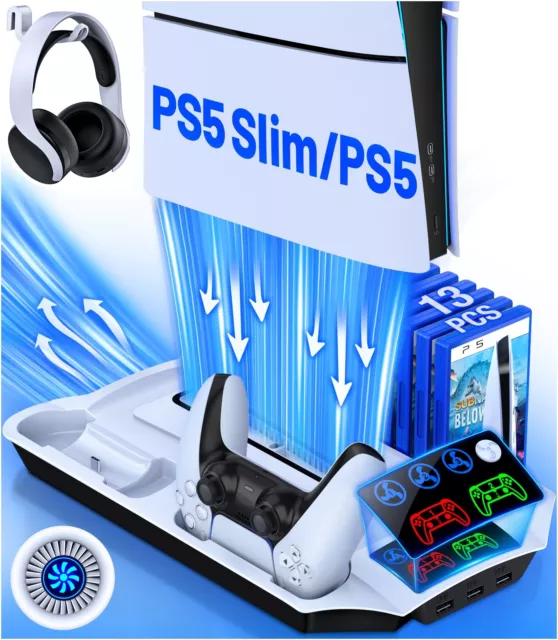 PS5 Slim Disc/Digital Controller Dual Ladestation Mit Lüfter Vertikaler Standfuß