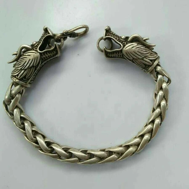 China Old national style Tibet Silver Carve Pair dragon head chain Bracelet