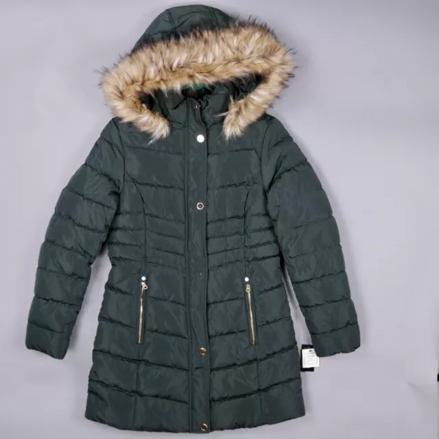 Inc International Concepts Womens Faux-Fur Trim Hooded Puffer Coat Small Green