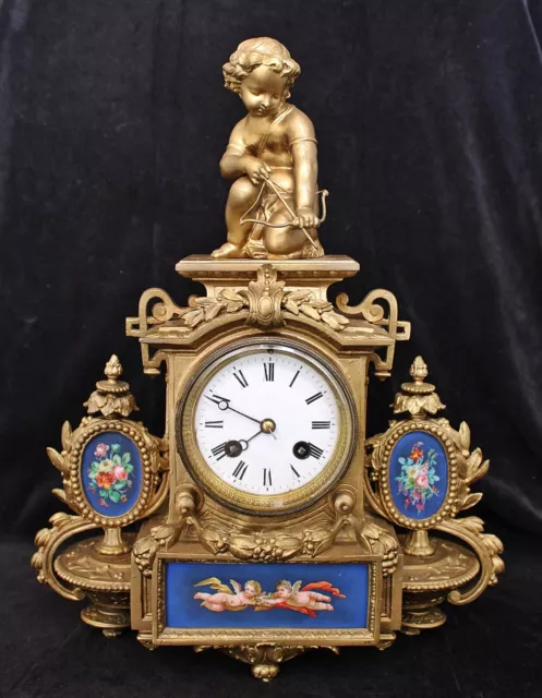 Antique French Ormolu & Porcelain Cupid Cherubs Striking Mantel Clock Works, 14" 2
