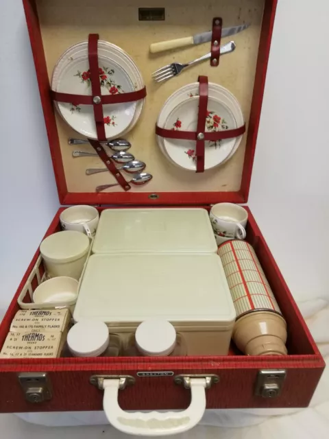 Vintage Brexton Picnic Case Set Hamper Red - Thermos, Plates, Cups,Cutelry 2