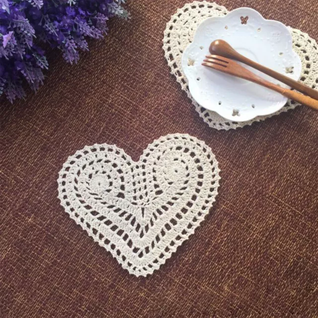 4Pcs Beige Vintage Hand Crochet Doilies Cotton Lace Heart Placemat Table Mats