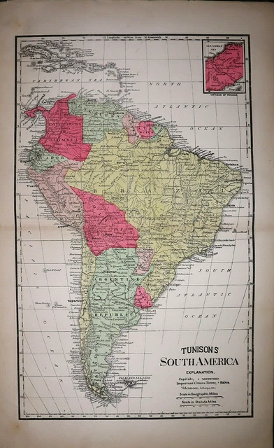 1885 Tunison Atlas Map ~ SOUTH AMERICA ~ Free S&H (Lg21x14)