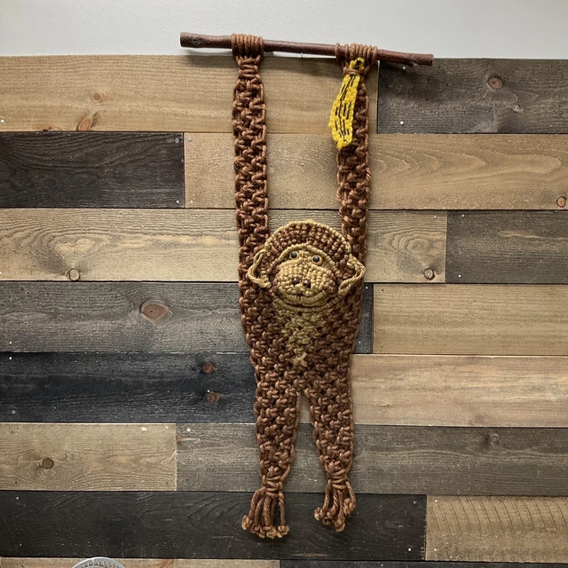 Vtg 1970s Macrame Monkey  Wall Hanging 37”Long Mid Century Retro Decor Safari