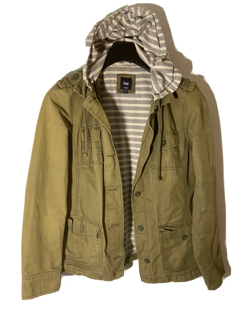 Gap Womens Size M Khaki Green Utility Jacket-Stripped Cotton Hood & Lining