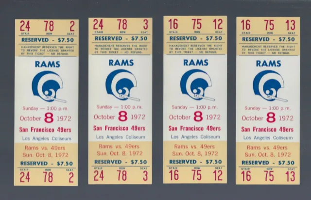 Vintage 1972 Nfl San Francisco 49Ers @ Los Angeles Rams Full Football Tickets